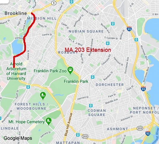 Google map of proposed extension of MA 203 to MA 9 in Boston, created March 29, 2020