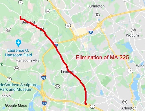 Google Maps image of proposed elimination of MA 225 along concurrency with MA 4 from Bedford to Lexington, created March 29, 2020