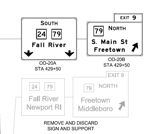Image of comparative sign plan for old and new exit signs at MA 79 North exit on MA 24 South in Freetown, by MassDOT