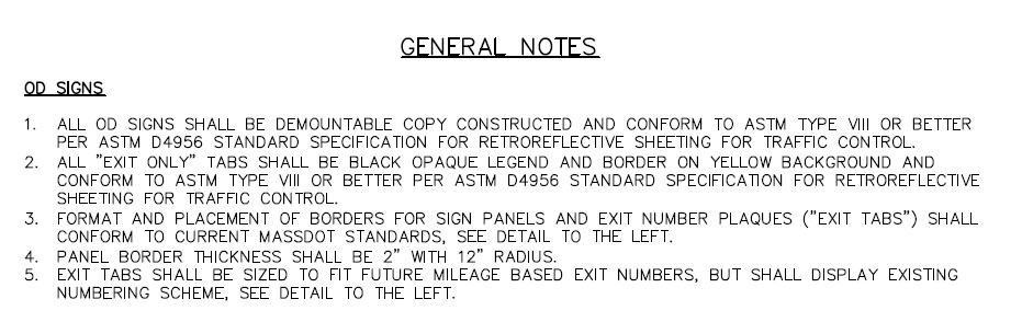 Image of notes in Route 24 sign replacement plans by MassDOT for contractors to design exit number tabs for mileage based numbering