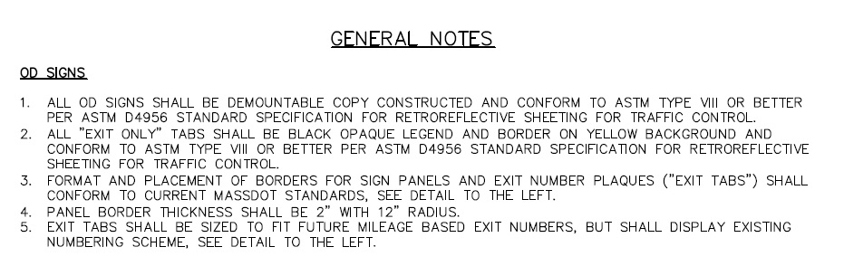 Image of notes in Route 24 sign replacement plans by MassDOT for contractors to design exit number tabs for mileage based numbering