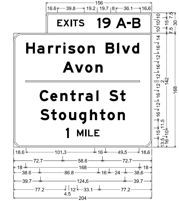 Image of plan for 1-mile advance sign for Harrison Blvd/Central St exit on MA 24 in Avon, by MassDOT