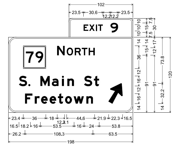 Image of plan for off-ramp sign for MA 79 North exit on MA 24 in Freetown, by MassDOT