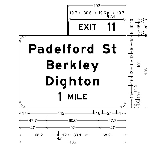 Image of plan for 1-mile advance sign for Pedelford St exit on MA 24 in Berkly, by MassDOT