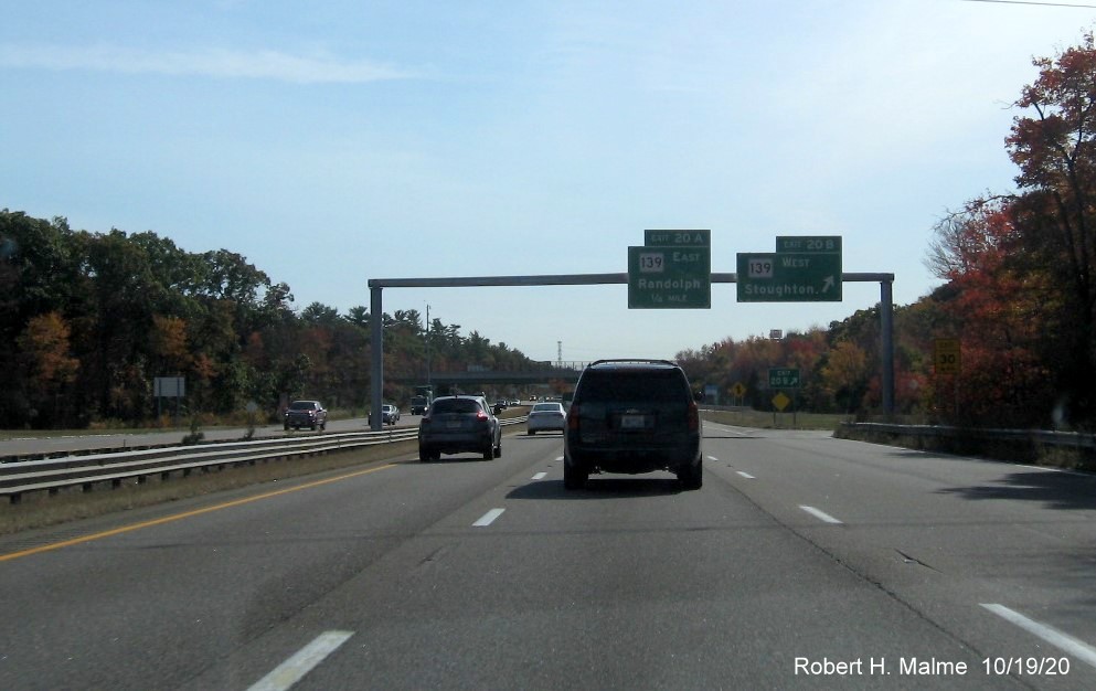 Image of recently placed overhead signs at ramp to MA 139 West on MA 24 South in Stoughton, October 2020