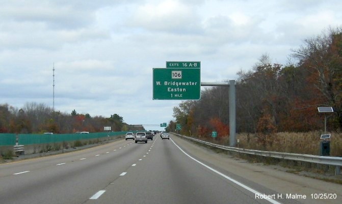 New image of 1-Mile advance sign for MA 106 exit put up in July 2020 on MA 24 North in West Bridgewater