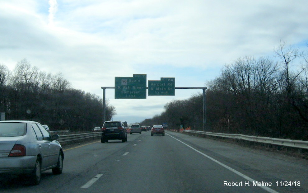 Image of overhead signs for Airport Rd/No. Main Street and MA 79 South on MA 24 South in Freetown in Nov. 2018