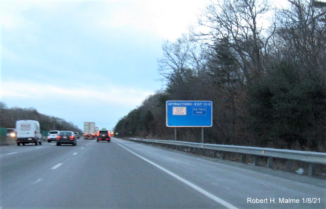 Image of auxiliary sign for MA 27 exits with new milepost based exit numbers 
                                       on MA 24 South in Brocktom, January 2021