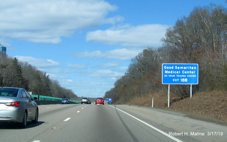 Image of new blue hospital auxiliary sign for MA 27 North exit on MA 24 North in Brockton