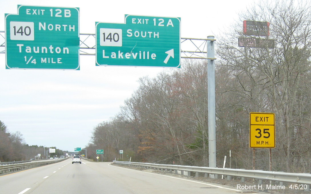 Image of recently placed overhead sign support foundation for future overhead signs at ramp to MA 140 South on MA 24 North in Taunton, taken in April 2020