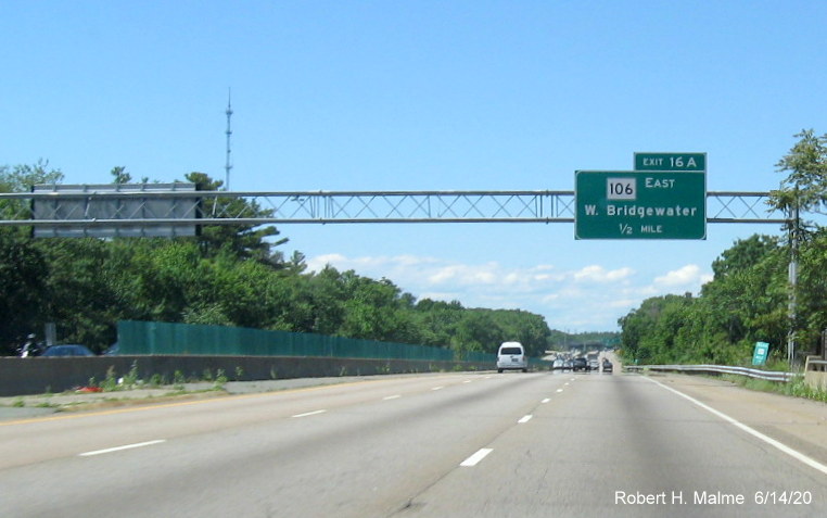 Image of previously placed 1/2 mile advance overhead sign tied to VMS gantry on MA 24 North in West Bridgewater, taken June 2020