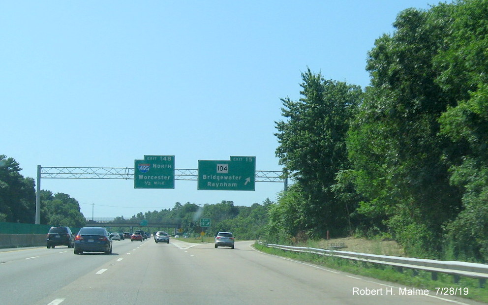 Image of sign foundation for new overhead signs at ramp to MA 104 on MA 24 South in Bridgewater