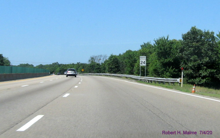 Image of newly placed North MA 24 reassurance marker following MA 27 interchange in Brockton, taken July 2020