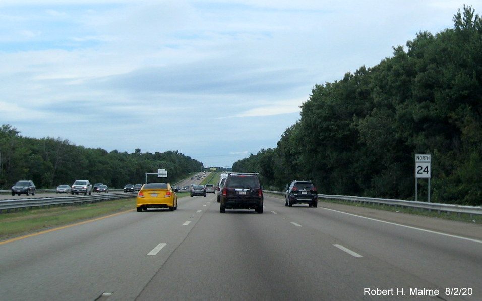 Image of newly installed North MA 24 reassurance marker following MA 139 exits in Stoughton, August 2020