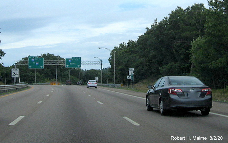 Image of new ground mounted signage, including US 1 North trailblazer at end of MA 24 North in Randolph, August 2020