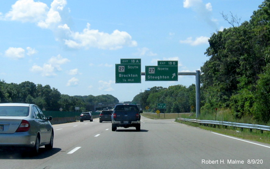 Image of overhead signs at ramp to MA 27 North on MA 24 South in Brockton, August 2020