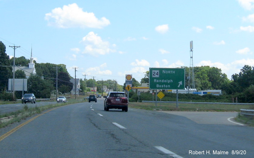 Image of ramp guide sign for MA 24 North on MA 106 East in West Bridgewater, August 2020