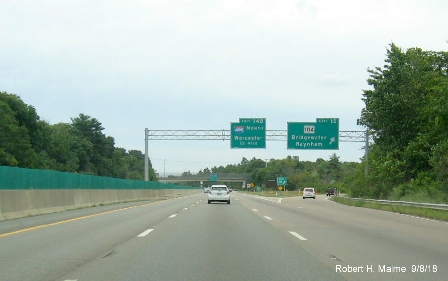 Overhead signage at ramp to MA 104 West on MA 24 South in Bridgewater in Sept. 2018