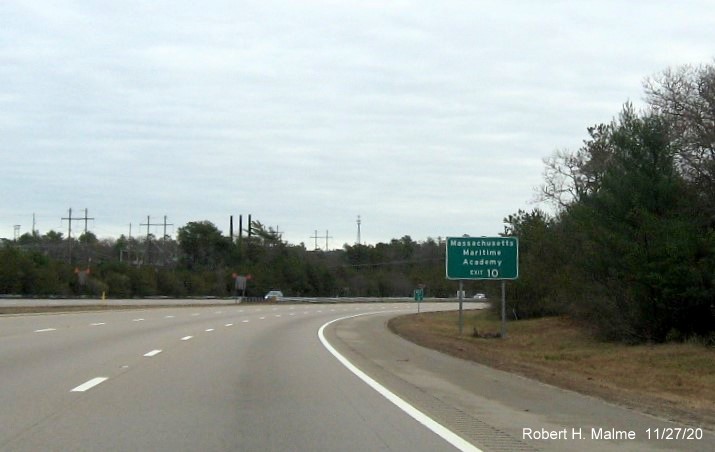 Image of ground mounted auxiliary sign for US 6 exit with new milepost based exit number on MA 25 East in Bourne, November 2020