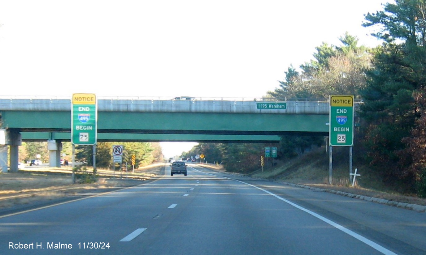 Image of advisory signage at the end of I-495 South and beginning of MA 25 East in Wareham, November 2024