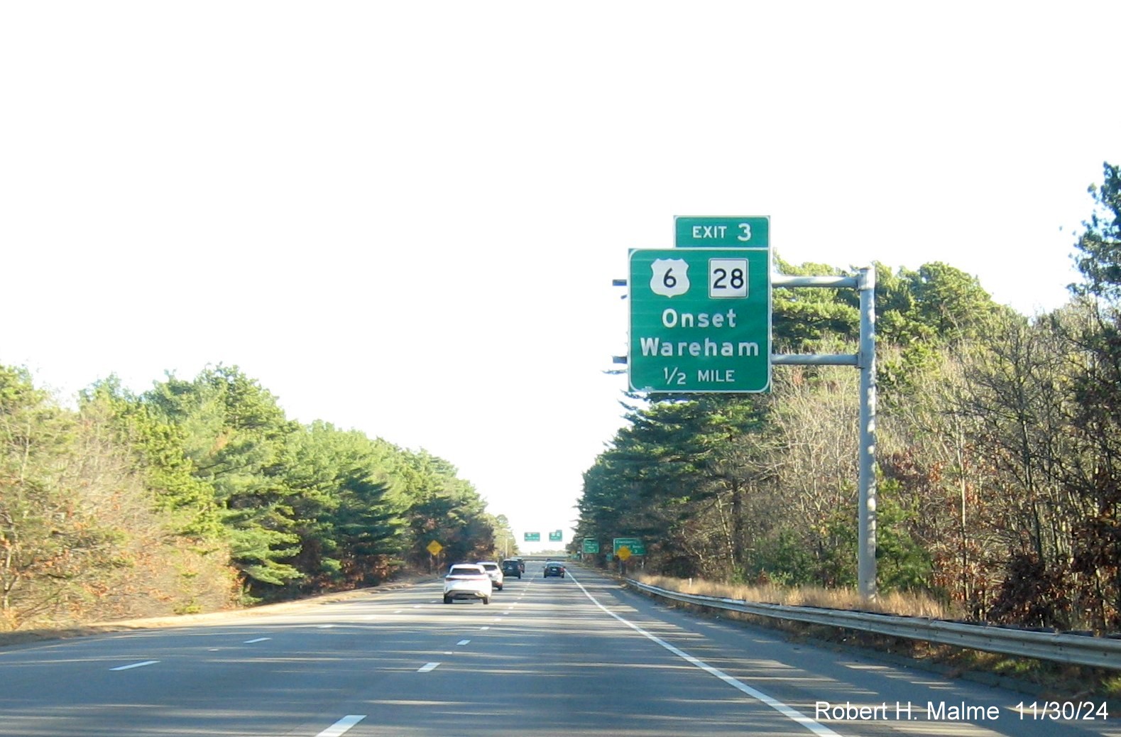 Image of recently placed 1/2 Mile advance sign on MA 25 East in Wareham, November 2024