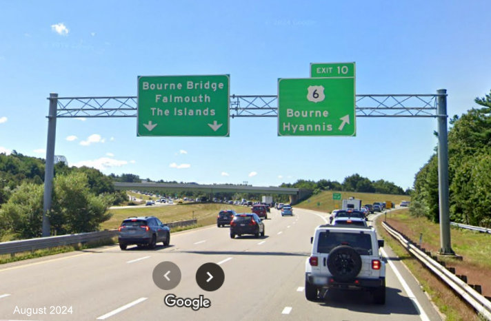 Image of overhead ramp sign for US 6 exit on MA 25 East in Bourne, Google Maps Street View, August 2024