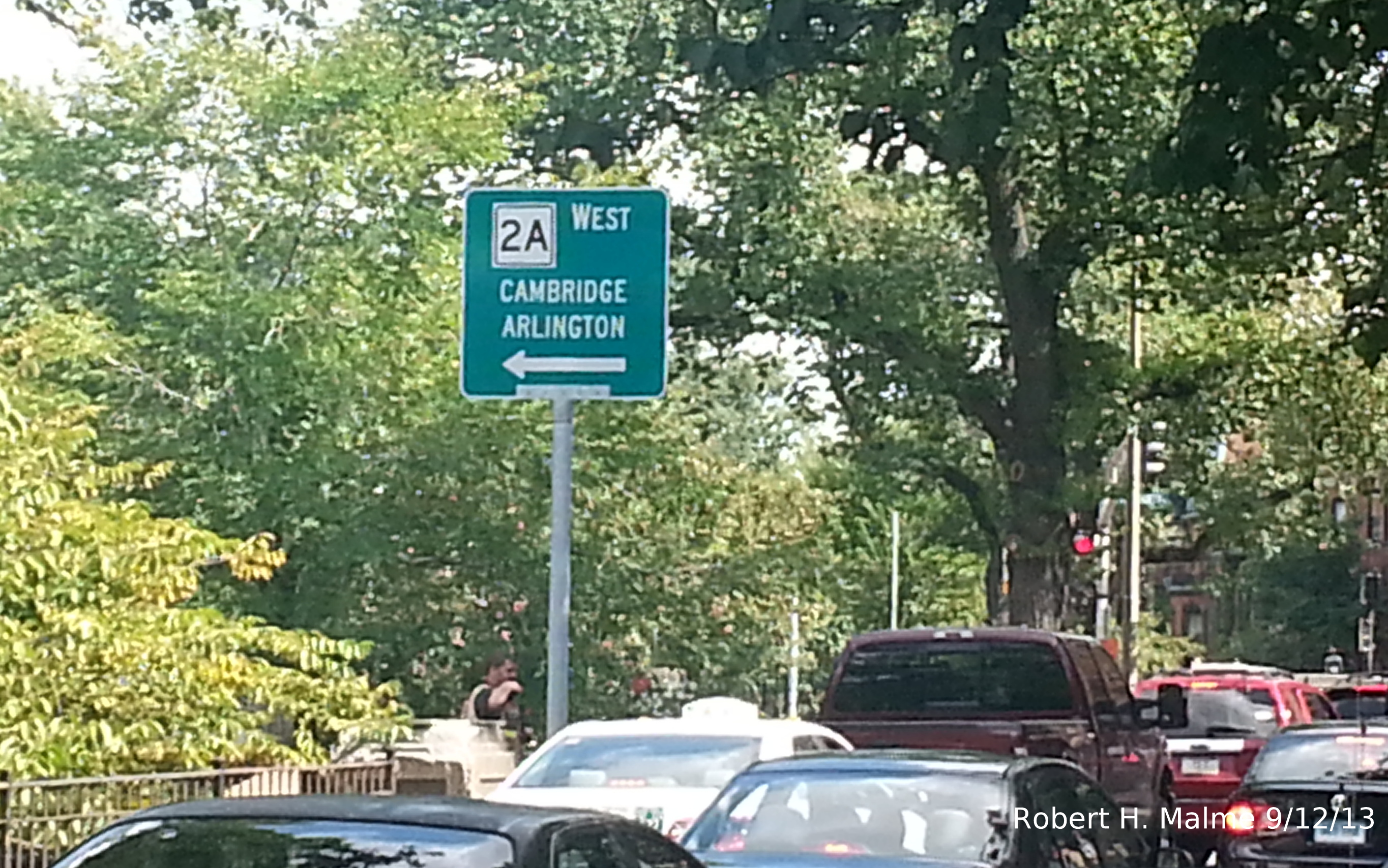 Photo of MA 2A West Guide Sign Approaching Mass Ave from Comm Ave (Route 2) East, Sept. 2013