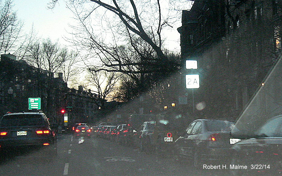 Shot of fixed MA 2A sign at corner of Mass Ave and Comm Ave in Boston