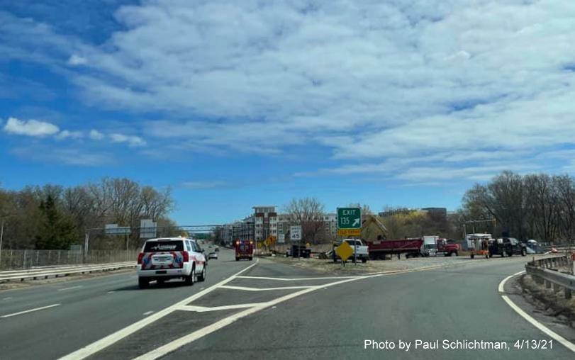 Image of gore sign for Lake Street exit with new milepost based exit number on MA 2 East in Arlington, by Paul Schlichtman, April 2021