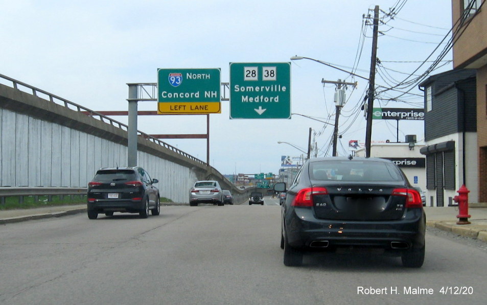 Image of overhead signs on Mystic Avenue in Somerville that would allow for a southern extension of MA 38, taken April 2020