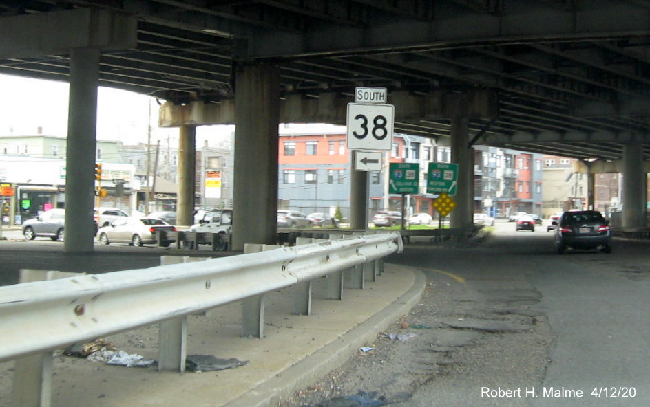 Image of South MA 38 trailblazer at intersection with MA 28 South/McGrath Highway in Somerville, taken April 2020