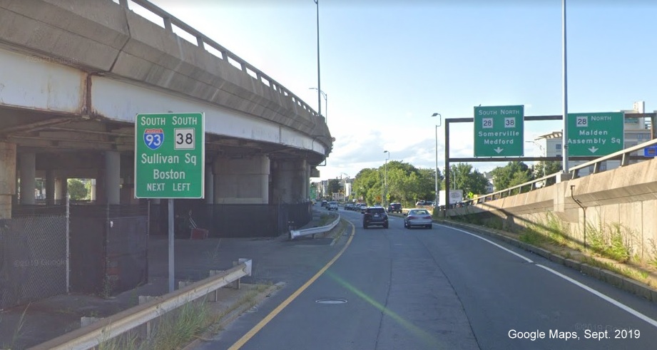 Google Maps Street View image of new style MassDOT guide sign implying MA 38 extends to Sullivan Square, taken in Sept. 2019
