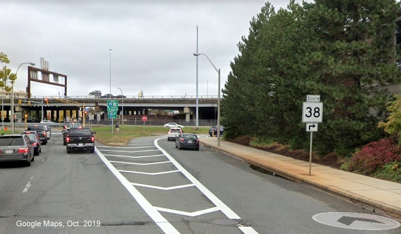 Google Maps Street View image of South MA 38 trailblazer on street south of McGrath Highway in Somerville, taken in Sept. 2019