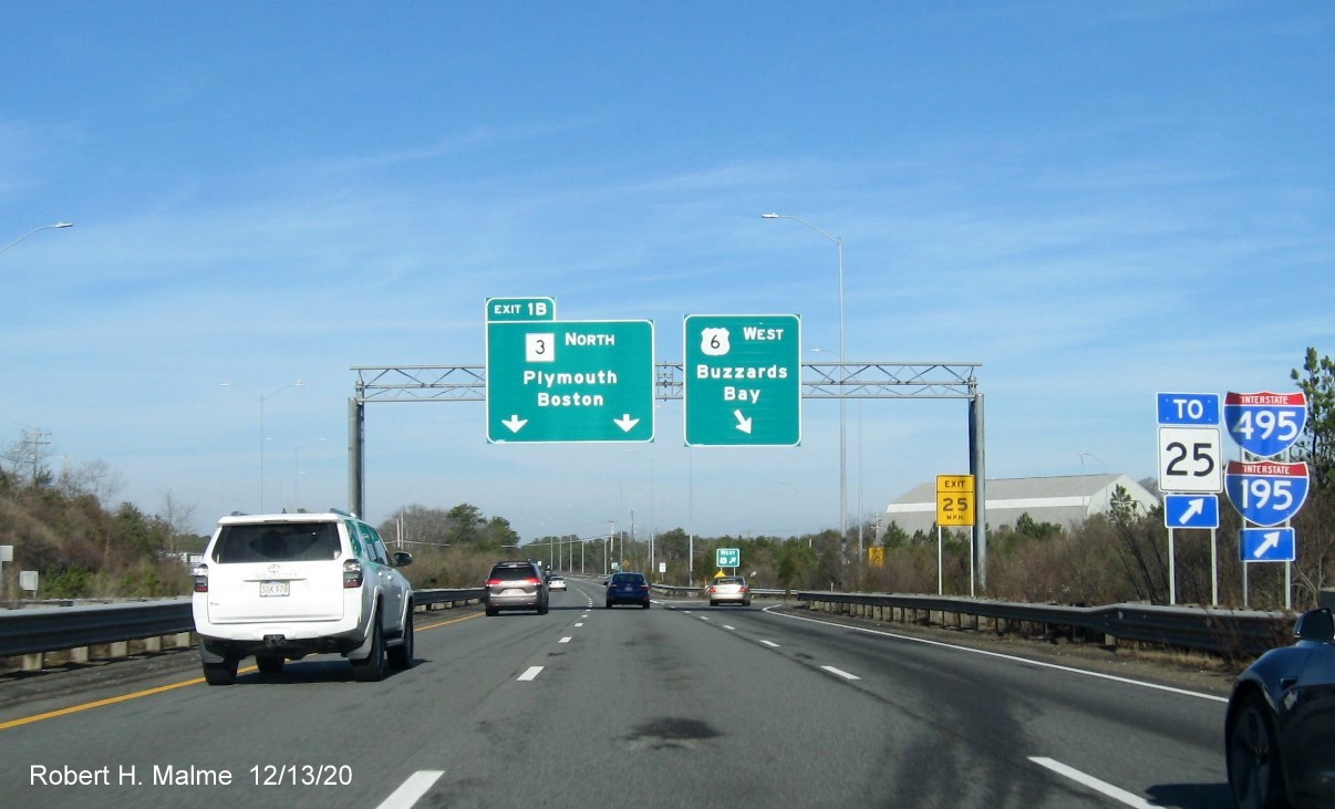 Image of overhead signs at US 6 exit off of MA 3 North in Bourne