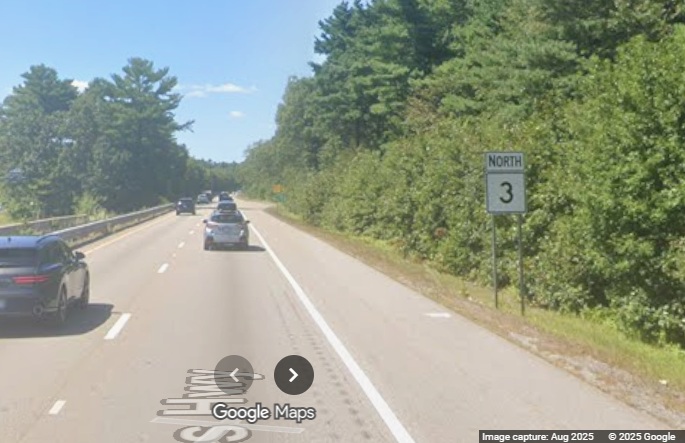 Image of new North MA 3 North reassurance marker in Rockland, Google Maps Street View, 
	August 2025