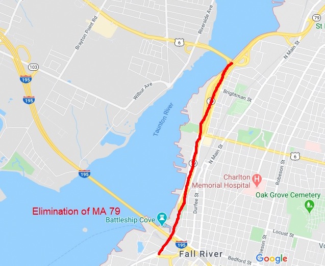 Google Map of proposed elimination of MA 79 along route shared with MA 138 in Fall River, created April 2020
