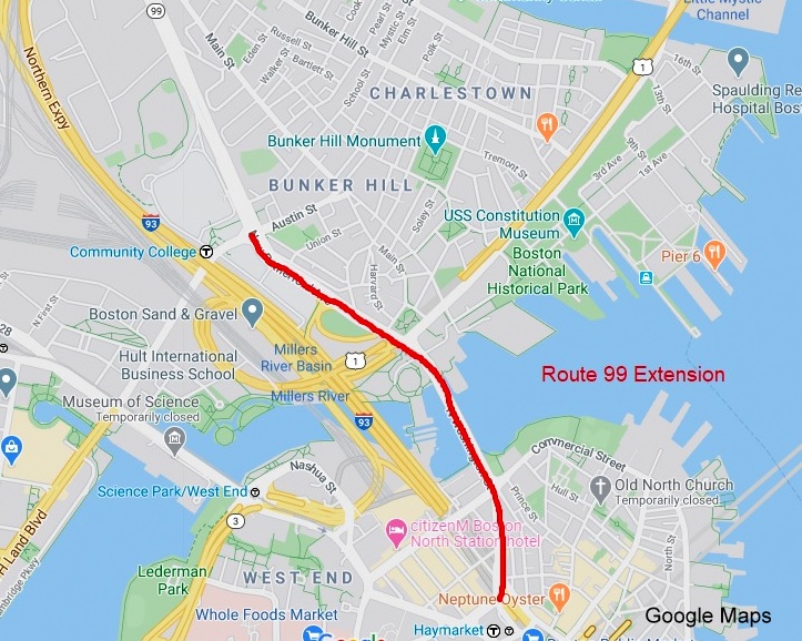Google Maps image of proposed southern extension of MA 99 to Haymarket Square in Boston, created April 2020