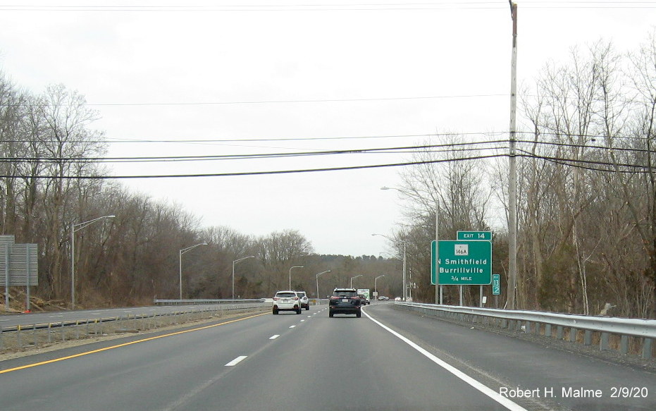 Image of ground mounted 1/2 mile advance sign with new milepost based number for RI 146A exit on RI 146 North in North Smithfield