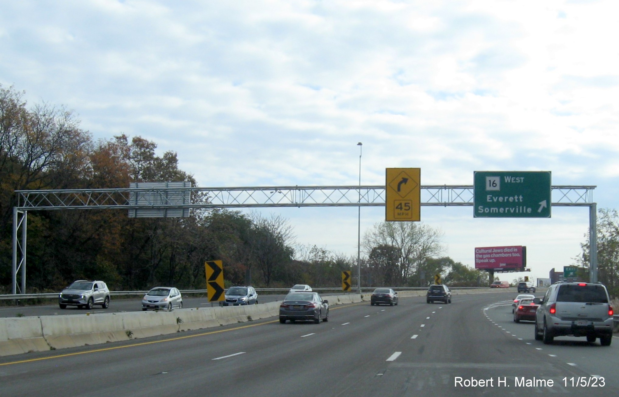 Image of recently placed overhead ramp sign for MA 16 exit on US 1 South in Everett, November 2023