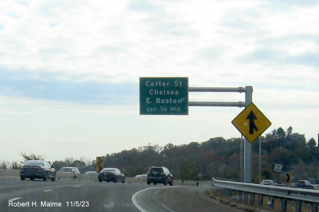 Image of recently placed 1 mile advance overhead sign for MA 16 exit on US 1 South in Revere, November 2023