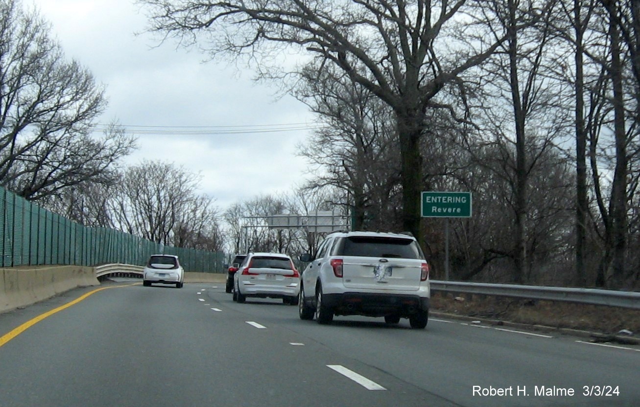 Image of recently placed town line boundary sign on US 1 South in Revere prior to MA 60 exit, March 2024