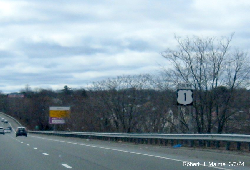 Image of recently placed South US 1 reassurance marker in Revere, March 2024