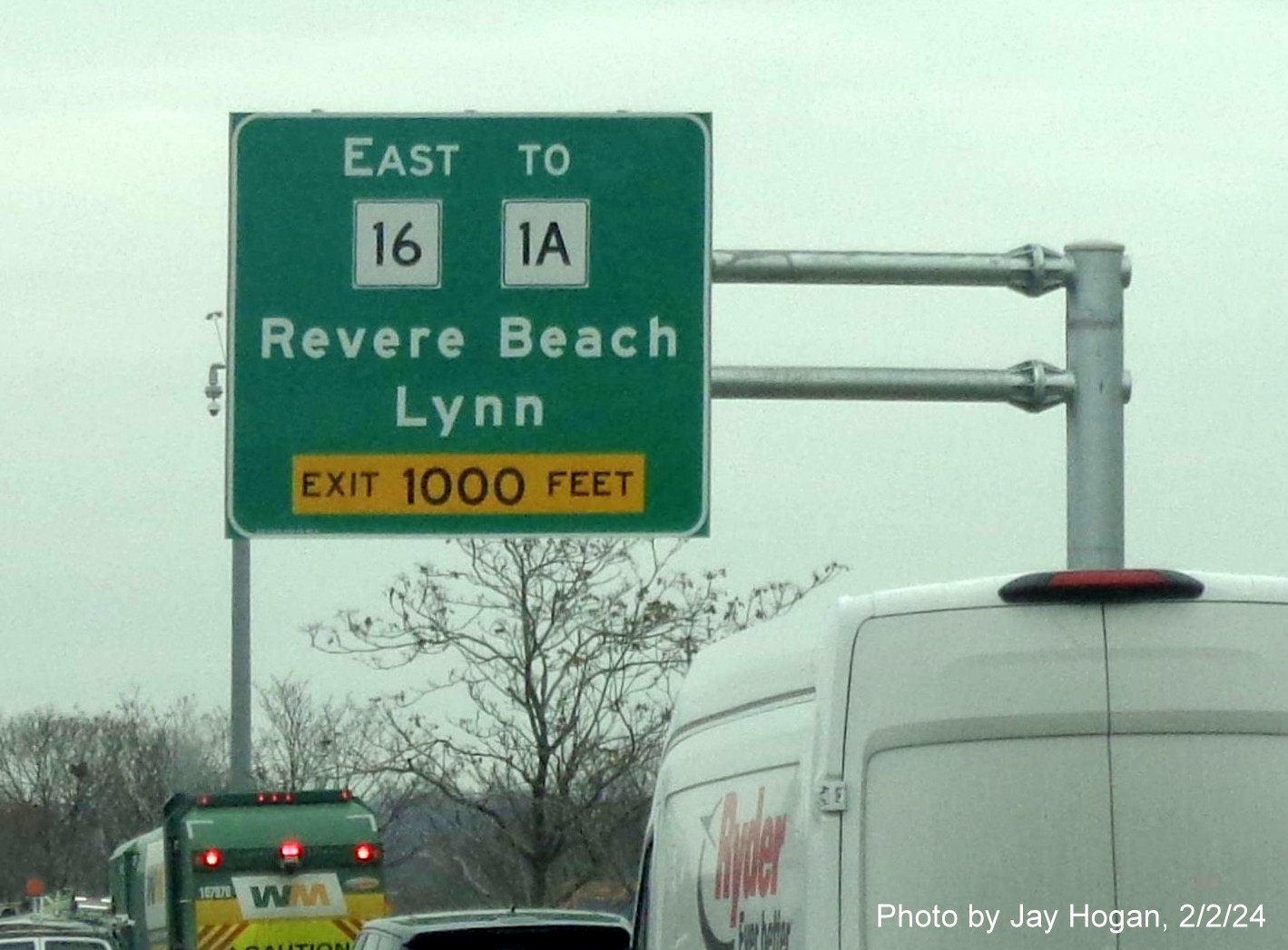 Image of recently placed 1000 feet advance sign for East MA 16 exit on US 1 North in Revere, by Kevin Manfra, February 2024