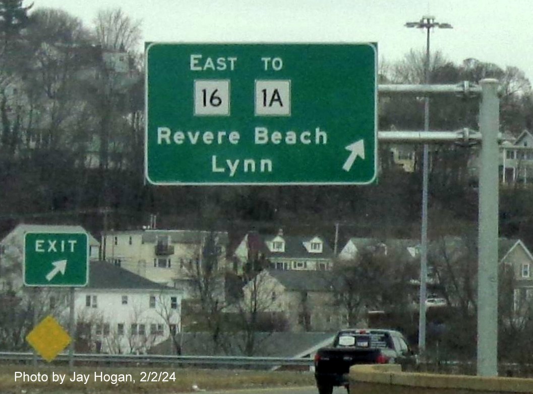 Image of recently placed overhead ramp sign for MA 16 East exit on US 1 North in Revere, by Kevin Manfra, February 2024