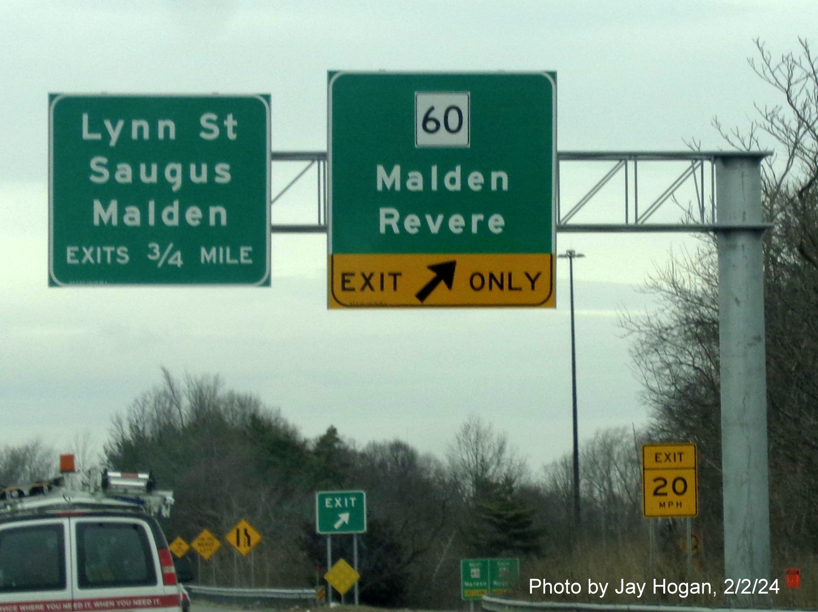 Image of recently placed overhead signs at the MA 60 exit on US 1 North in Revere, by Kevin Manfra, February 2024