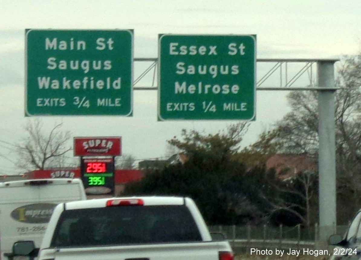 Image of recently placed advance overhead signs for Essex Street exits on US 1 North in Malden, by Kevin Manfra, February 2024