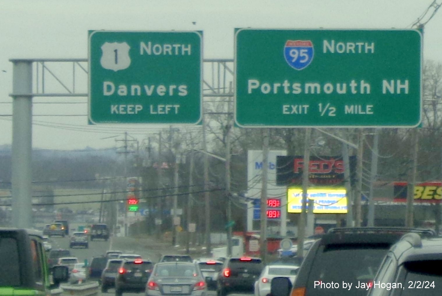 Image of overhead 1/2 mile advance sign for I-95 North exit on US 1 North in Danvers, by Kevin Manfra, February 2024
