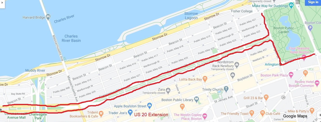 Google Map of proposed extension of US 20 along Commonwealth Avenue in Boston, created April 2020
