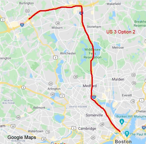 Google Maps image of proposed rerouting of US 3 from Burlington to Boston along I-95 and I-93, created March 28, 2020