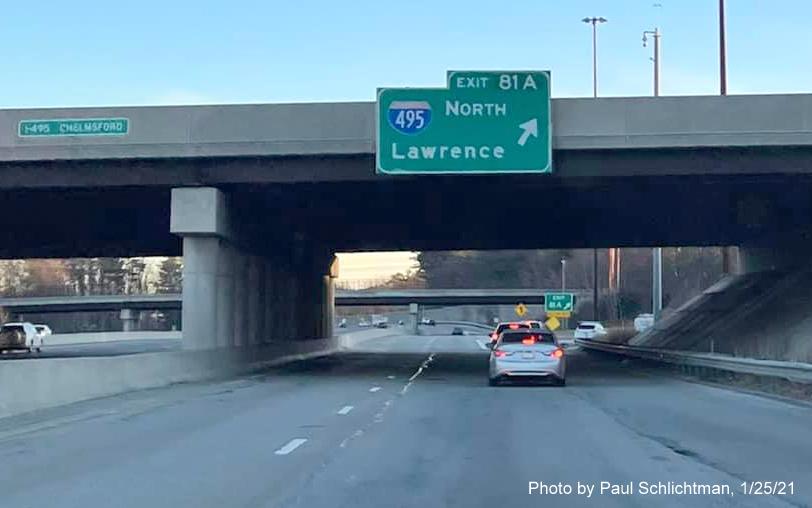 Image of overhead ramp sign for I-495 North exit with new milepost based exit number on US 3 South in Chelmsford, by Paul Schlictman, January 2021